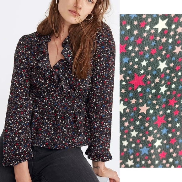 Madewell 100% Silk Ruffle-Hem Wrap Top in Starry Night Sz. Sm - Picture 1 of 16